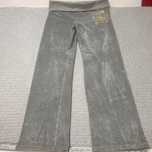 PINK Victoria's Secret Velour Flare Pants M Gray Y2K McBling Wide Leg Foldover